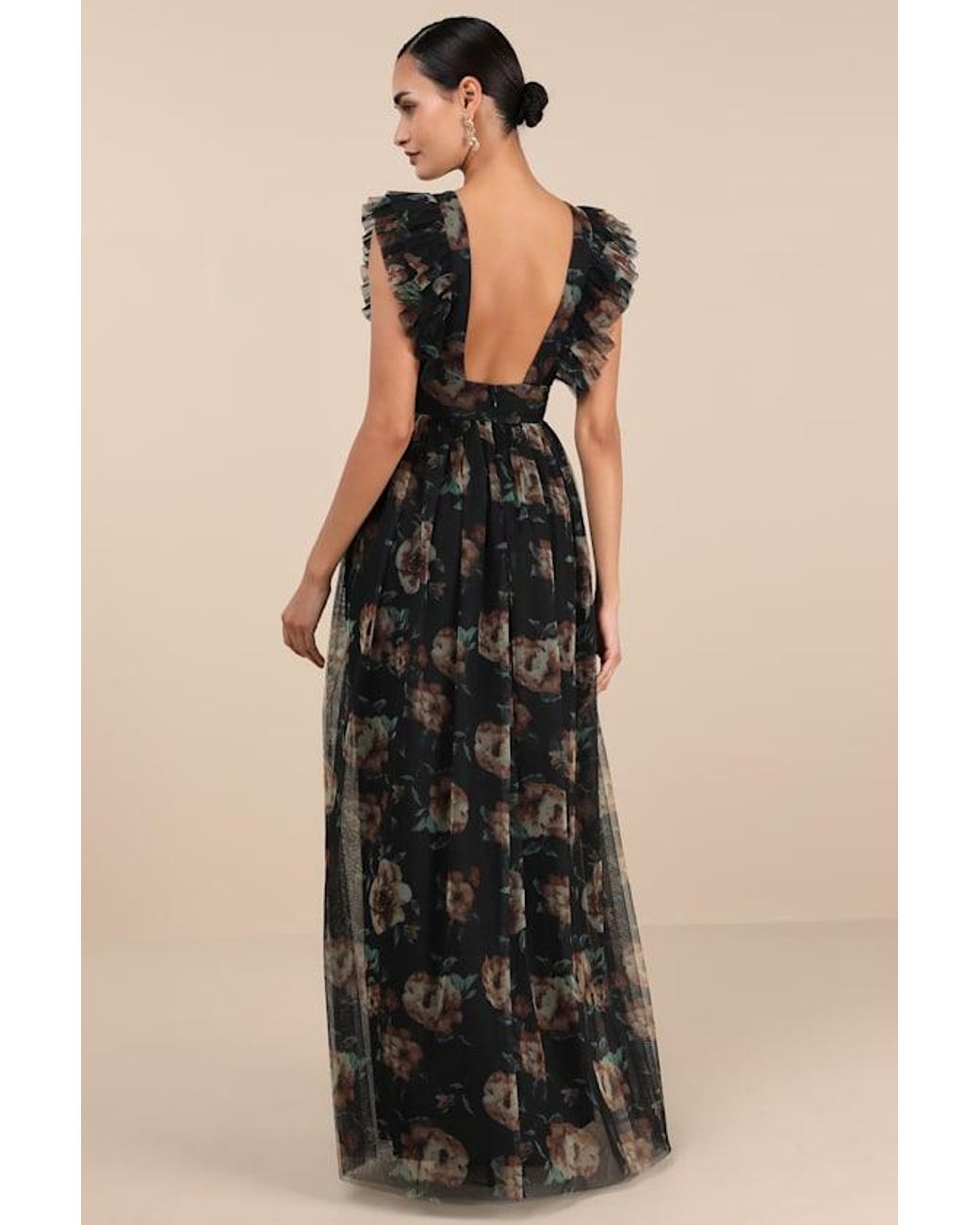 Lulus Black Simply Delighted Floral Mesh Ruffled Backless Maxi Dress