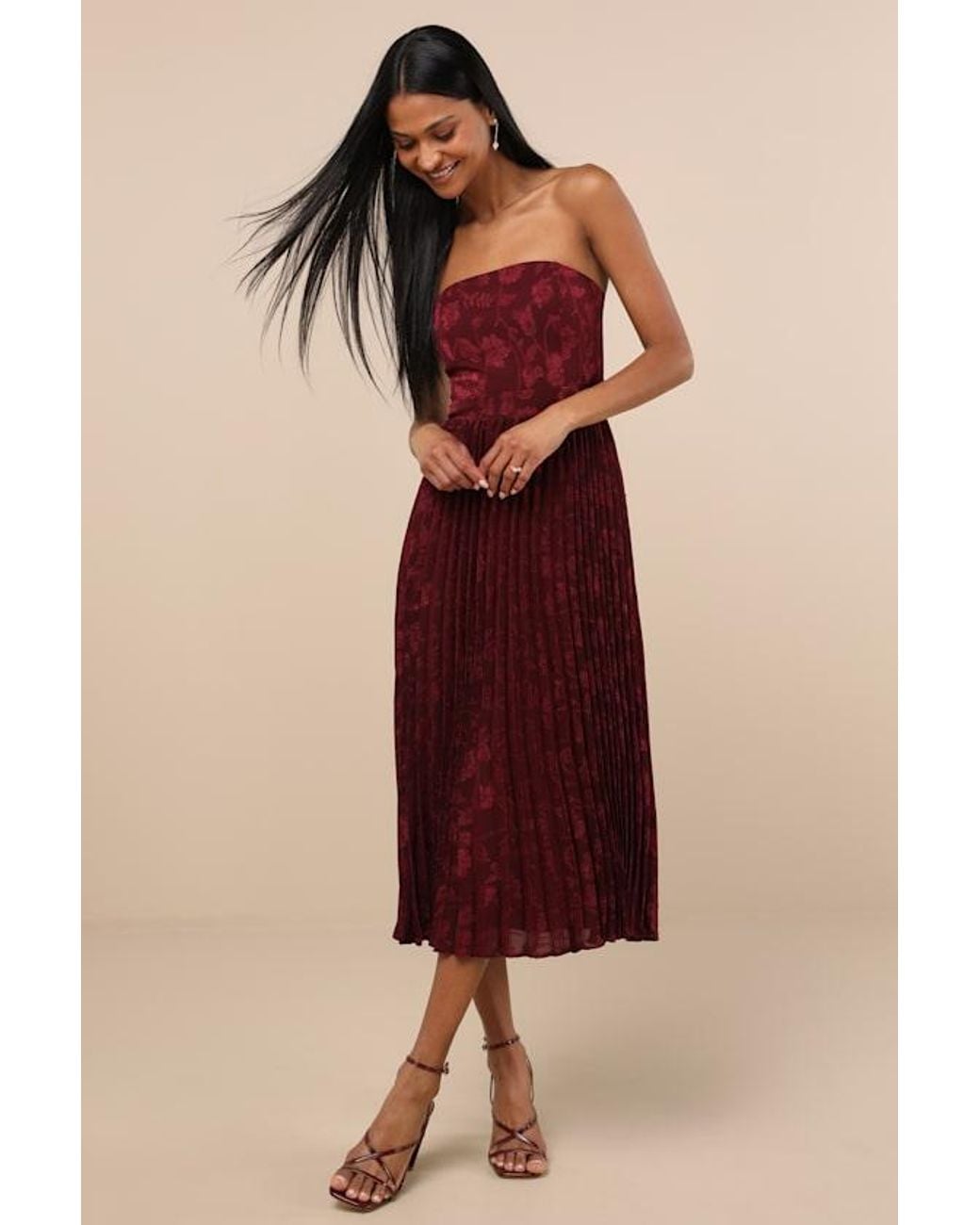 Lulus Red Perfectly Stunning Jacquard Strapless Midi Dress