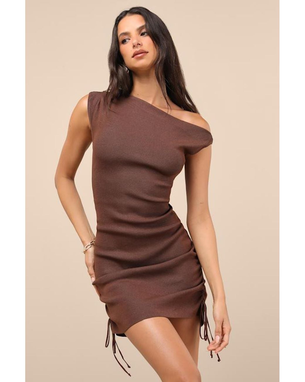 Lulus Brown Adalinda Off-The-Shoulder Sweater Mini Dress