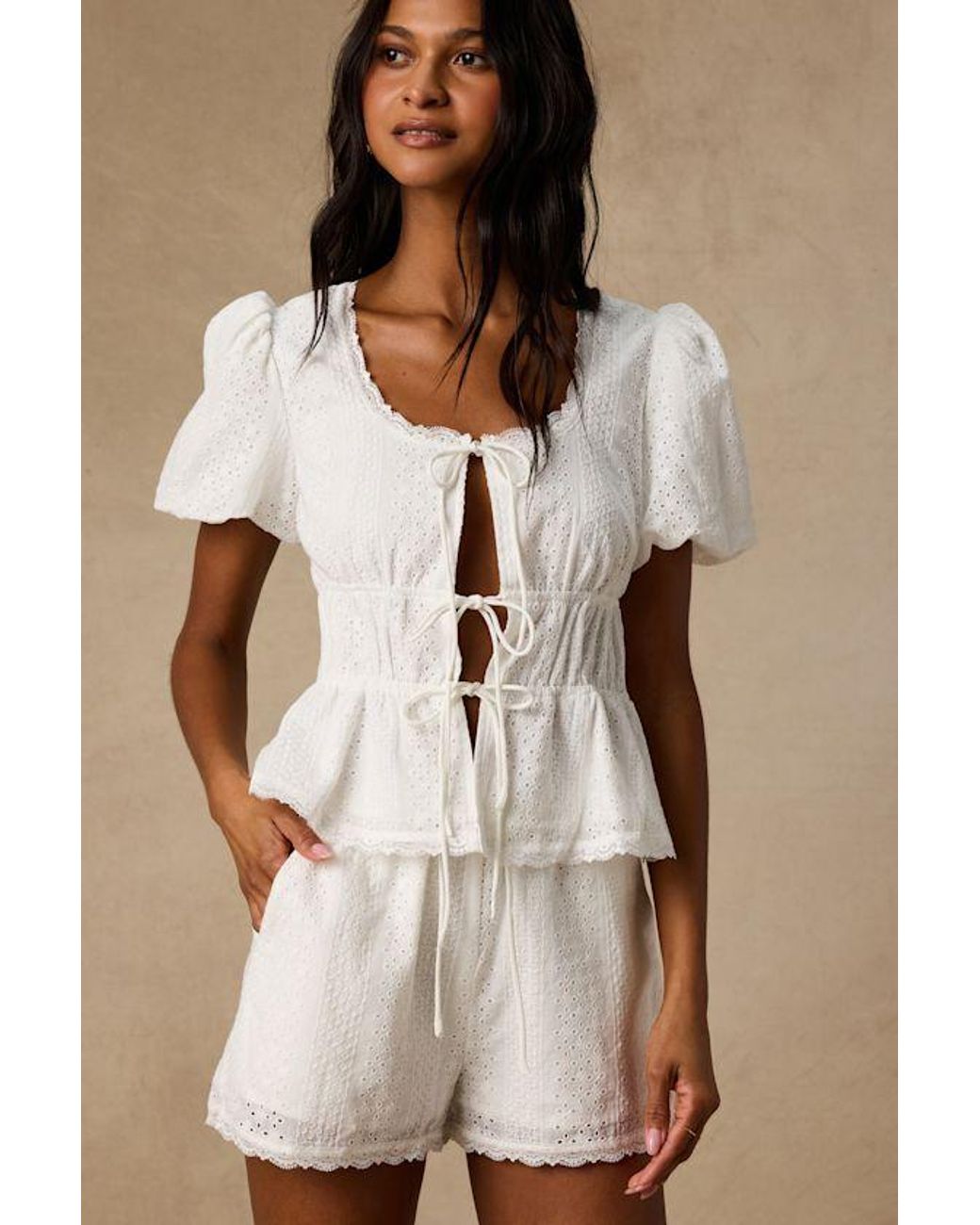 Lulus White Delora Eyelet Embroidered Tie-Front Top