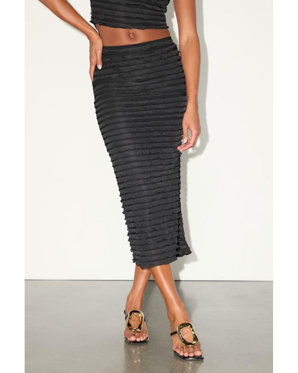 Lulus Black Arcelia Ruffled High-Rise Midi Skirt