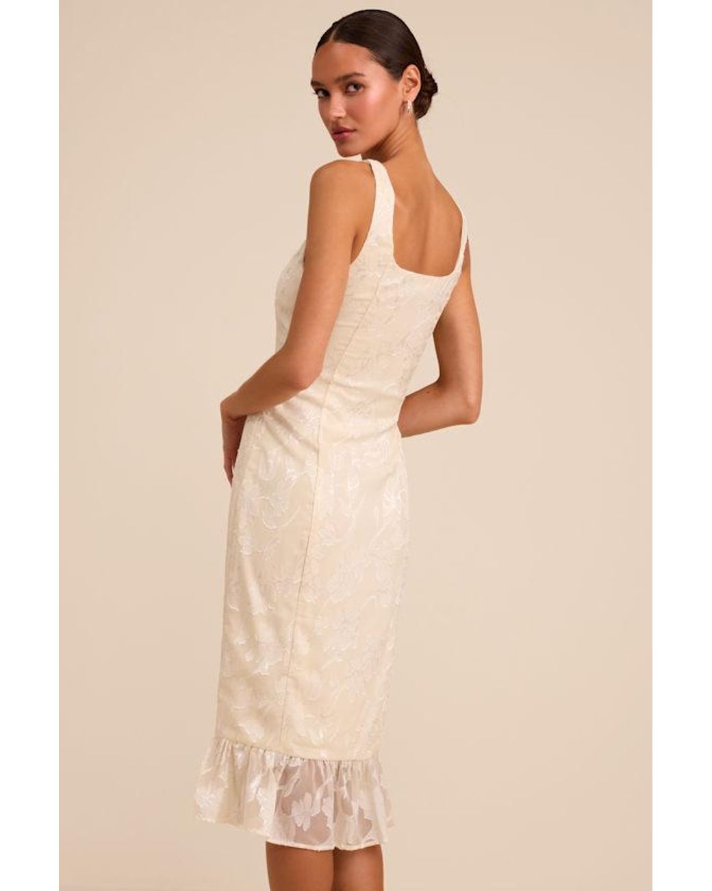 Lulus Natural Elani Floral Burnout Trumpet Midi Dress