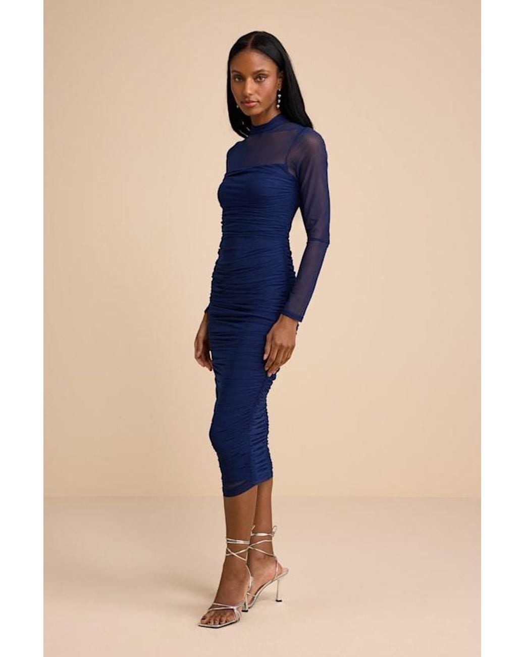 Lulus Blue Impressive Flirt Mesh Ruched Mock Neck Midi Dress