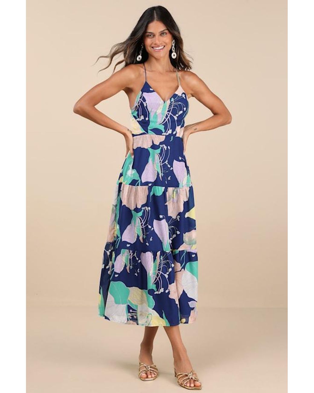 princess polly baby blue dress Mid Length Dress with V Neck, Sleeves and Floral Chiffon Skirt. 2G846 main image 0