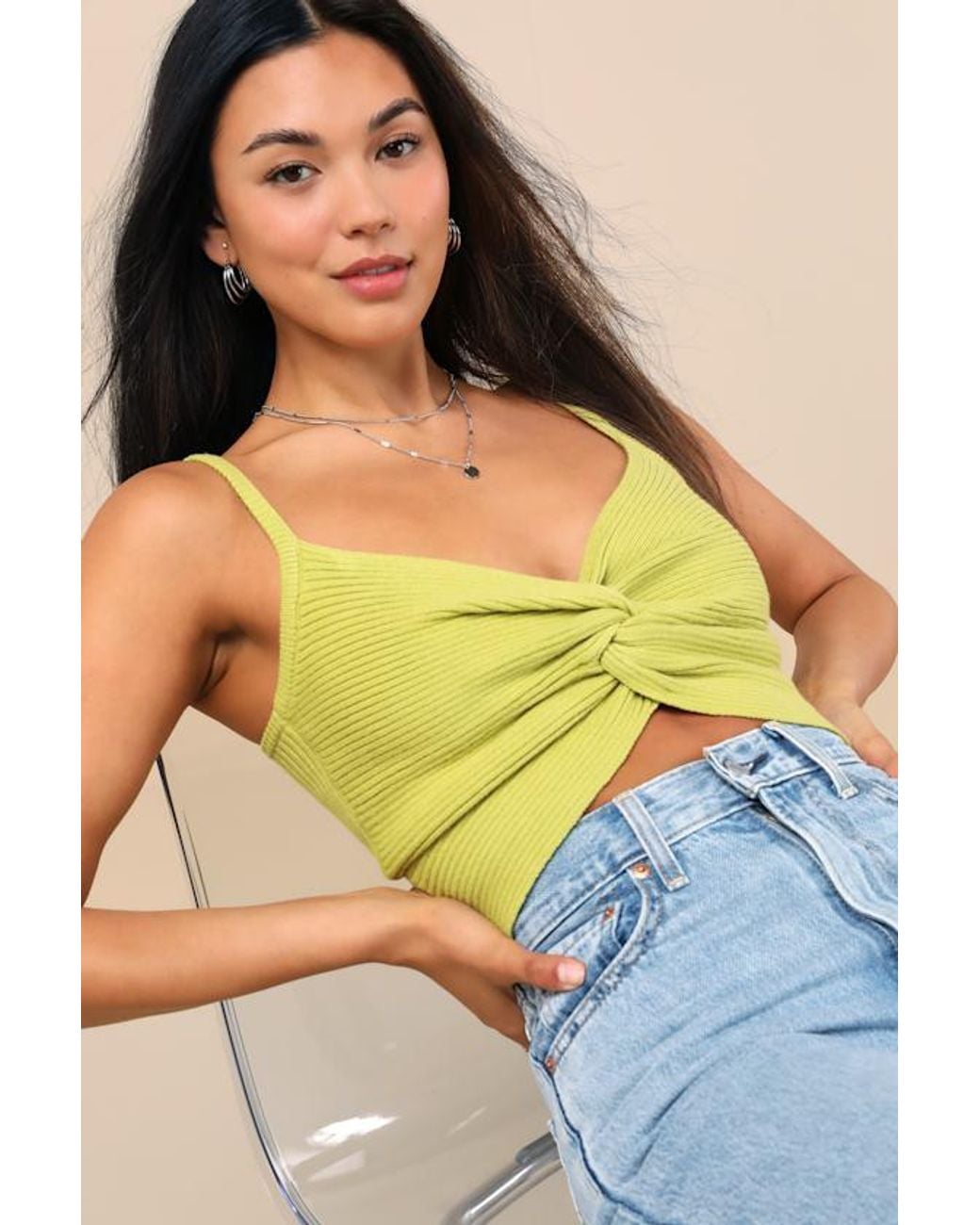 Lulus Green Melika Lime Ribbed Knotted Crop Tank Top