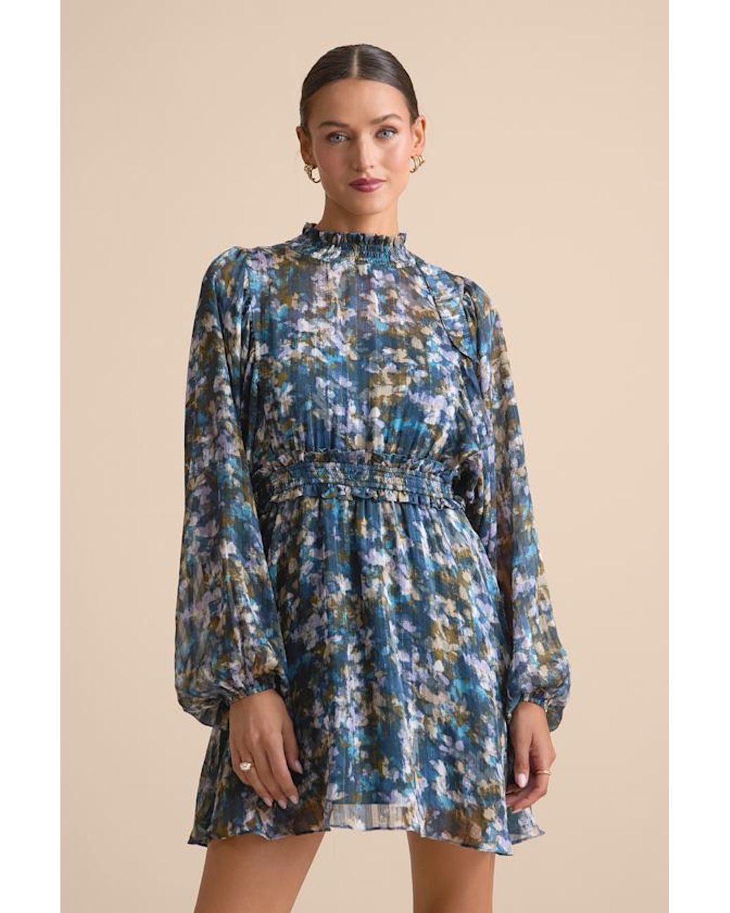 Lulus Blue Andie Multi Abstract Floral Mock Neck Mini Dress