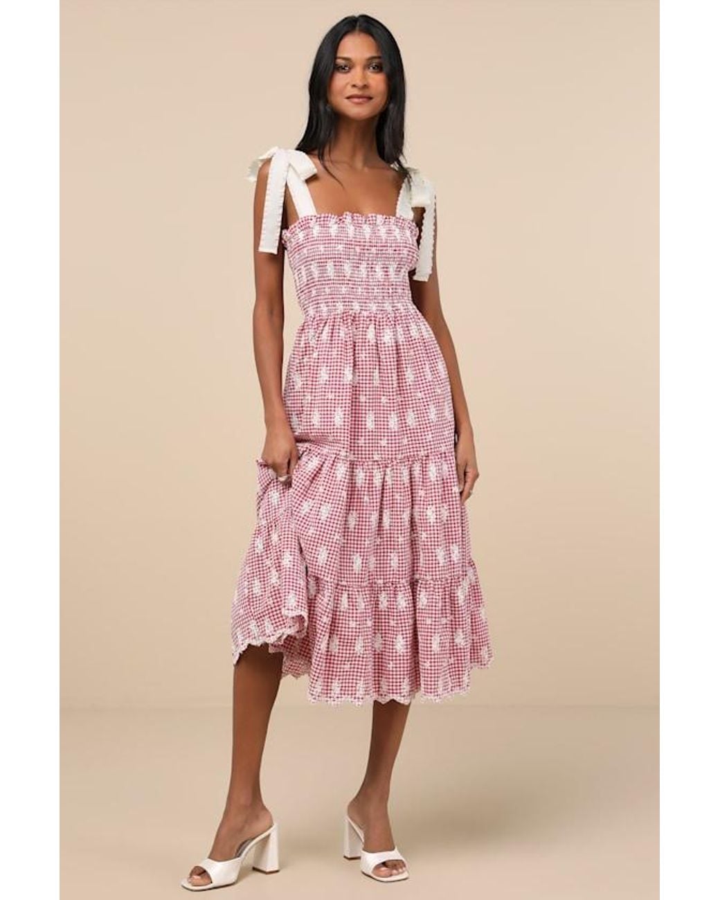 JACQUIE THE LABEL Isabella Gingham Embroidered Tiered Midi Dress