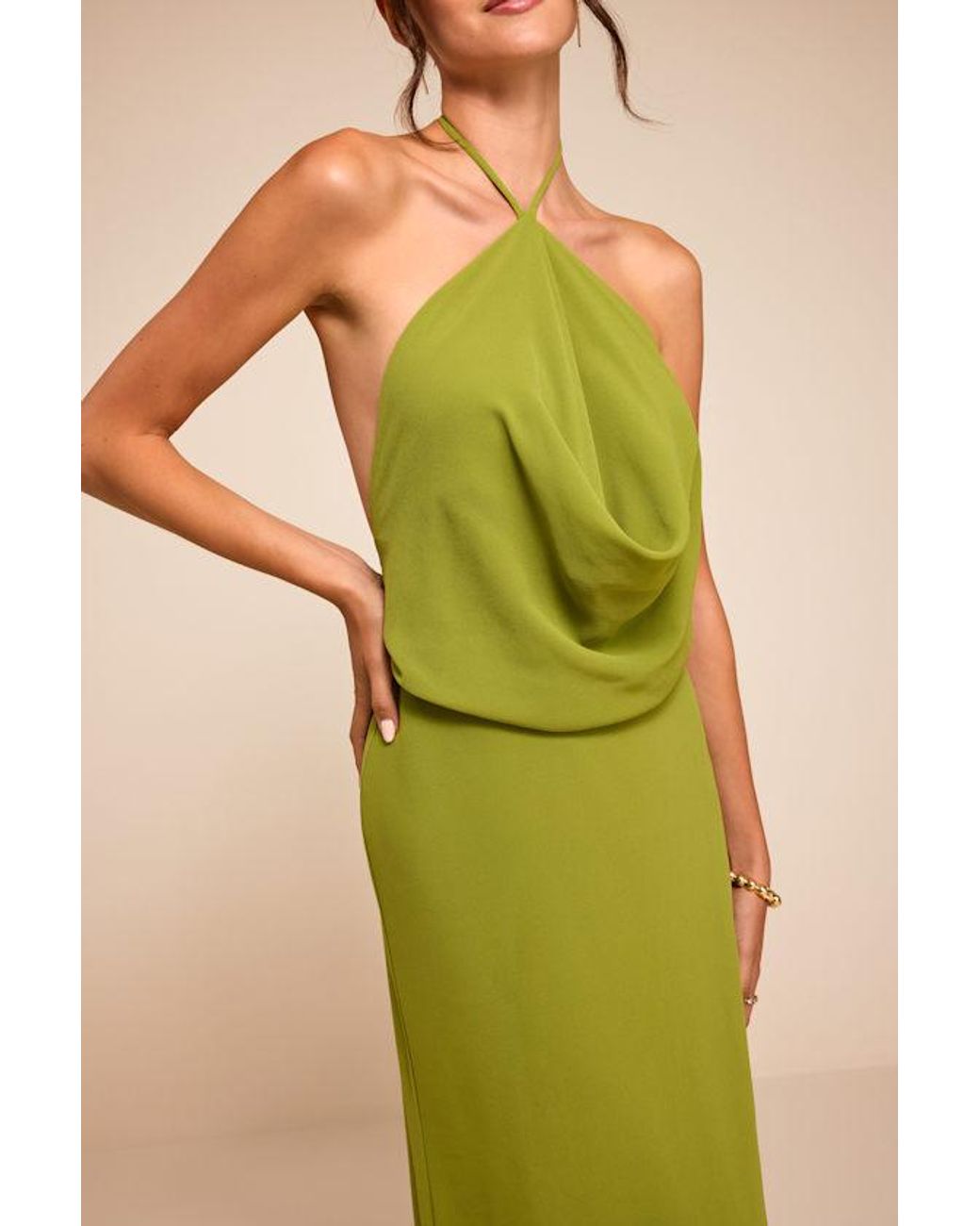 Lulus Green Piper Chartreuse Cowl-Front Maxi Dress