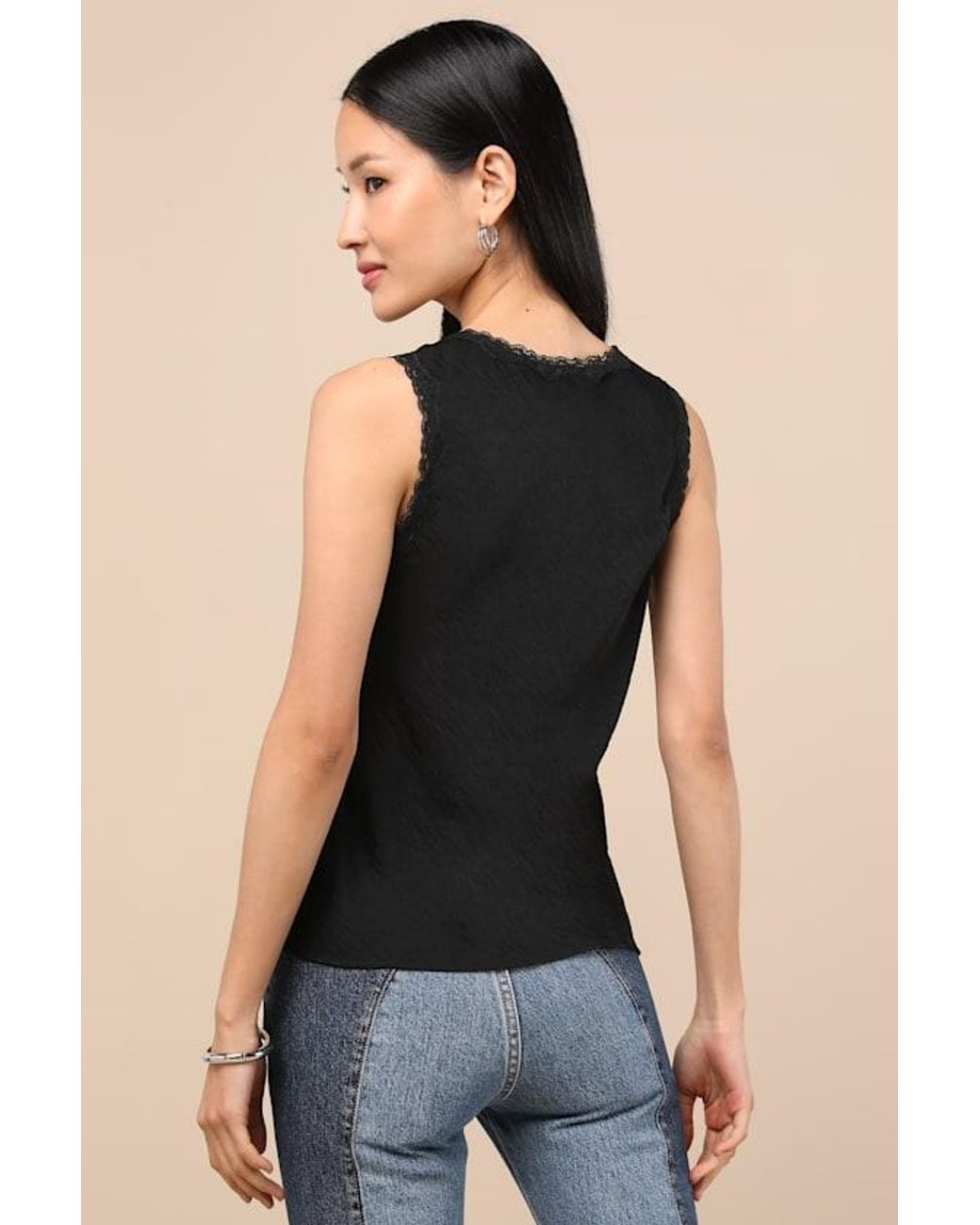 Lulus Black Lowenna Satin Lace Tank Top