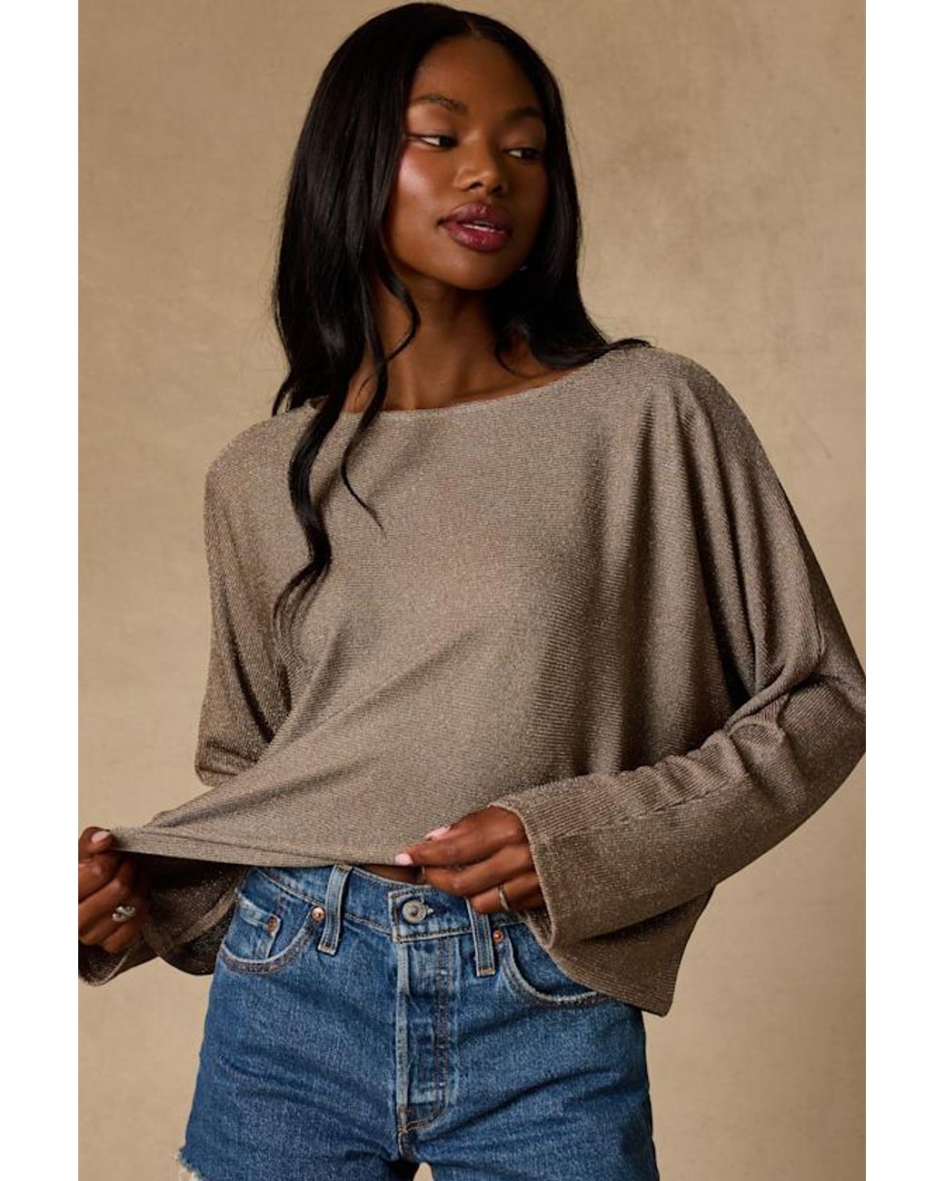 Lulus Brown Braylin Lurex Knit Dolman Sleeve Top