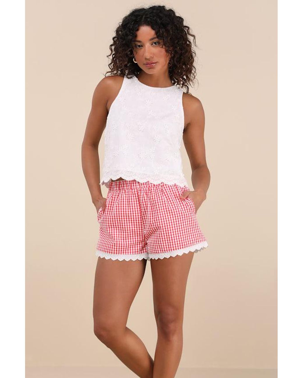 Lulus Pink Marija Gingham Scalloped Shorts