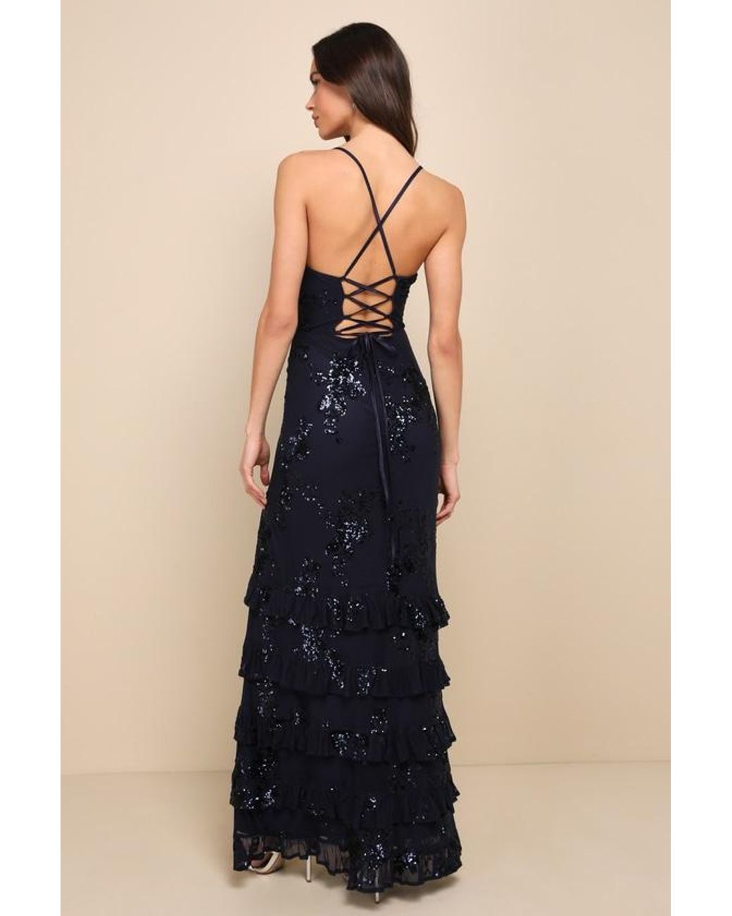 Lulus Valhalla Sequin Lace-Up Tiered Maxi Dress in Blue | Lyst UK