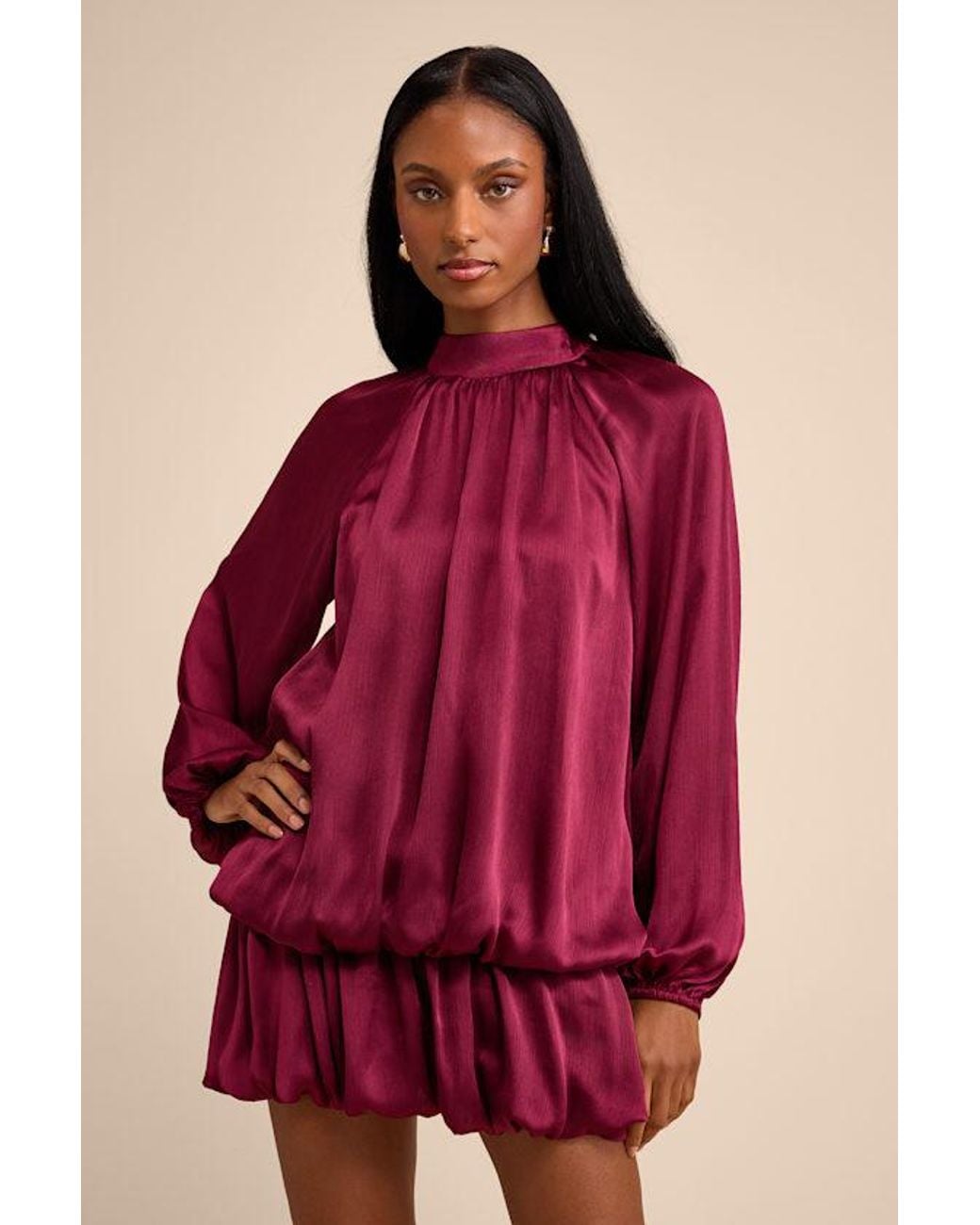 Lulus Red Nagaina Satin Drop Waist Bubble-Hem Mini Dress