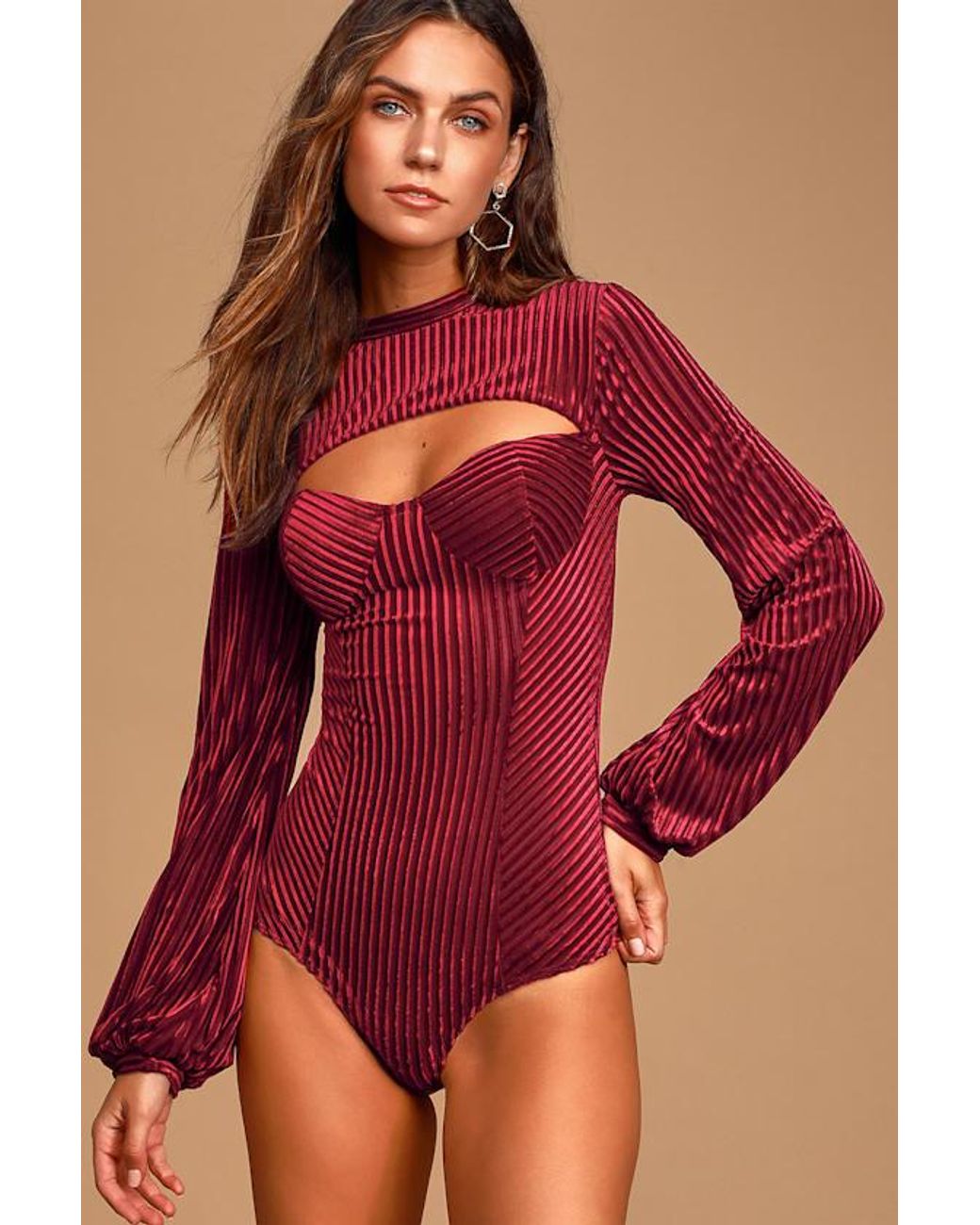 Lulus Red Always Alluring Striped Velvet Cutout Bustier Bodysuit