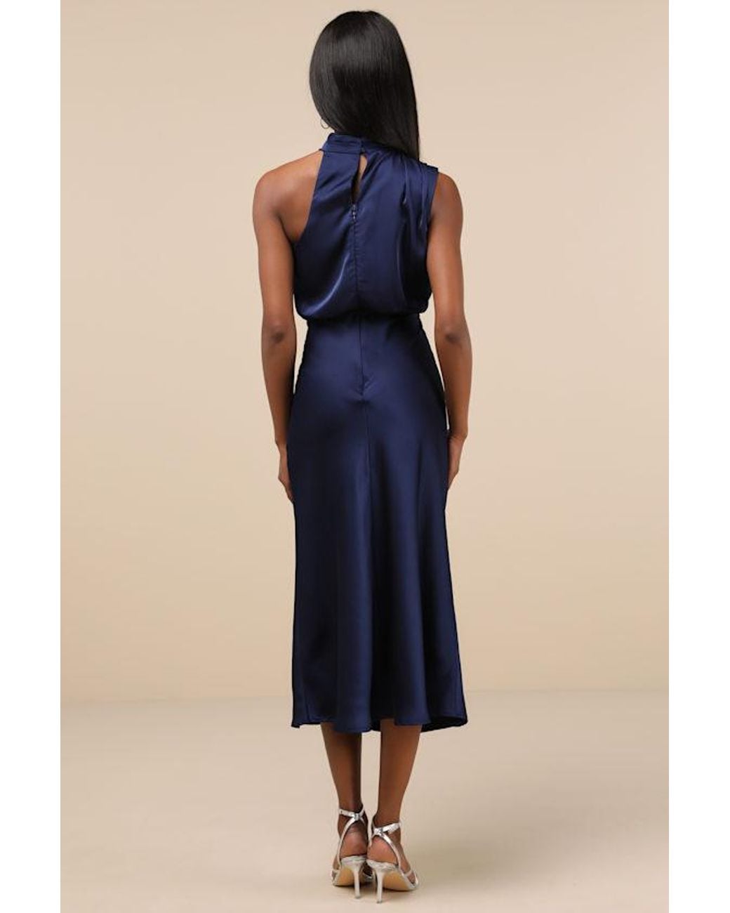 Lulus Blue Distinctive Charm Satin Asymmetrical Midi Dress