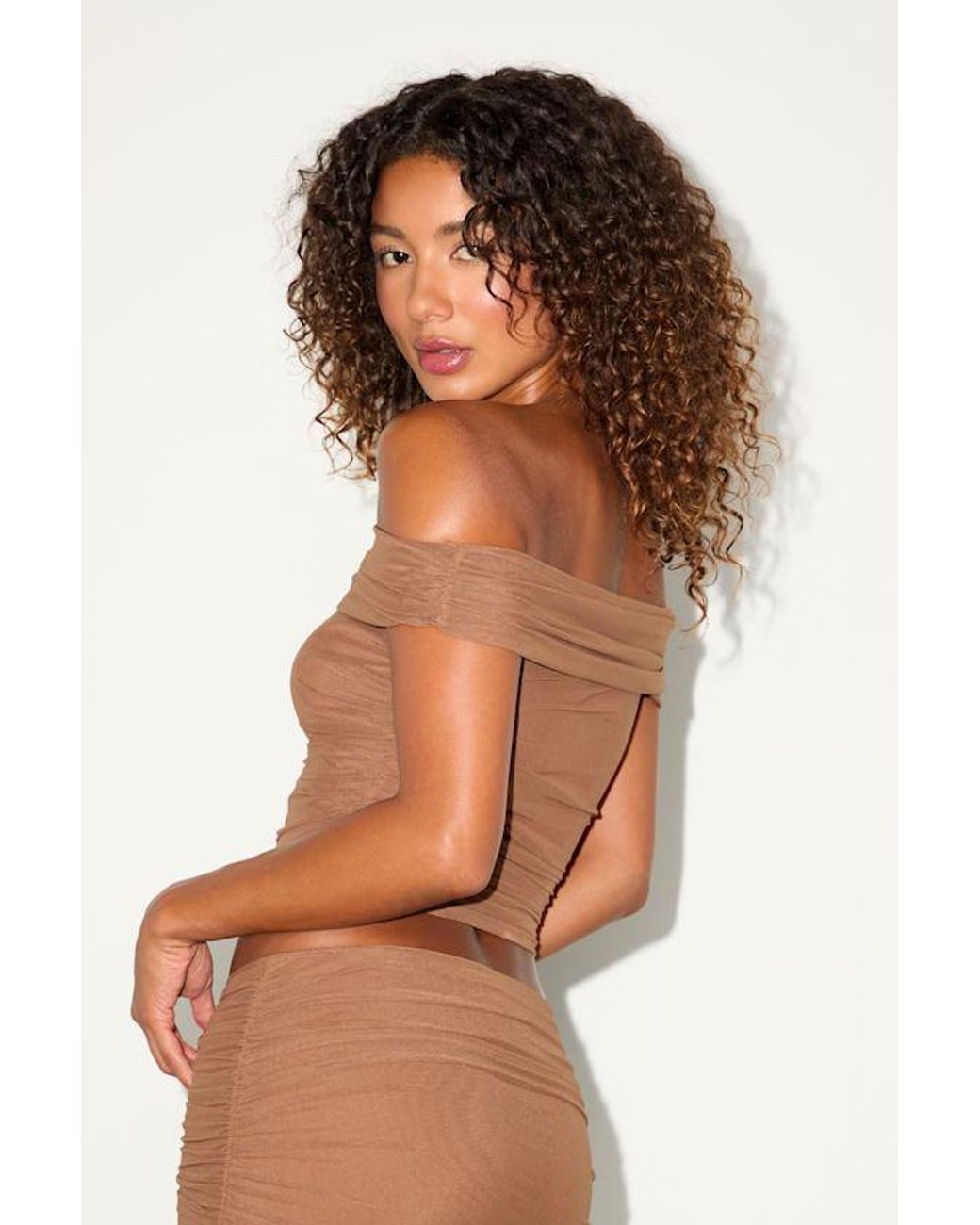 Lulus Brown Cadie Mesh Off-The-Shoulder Top