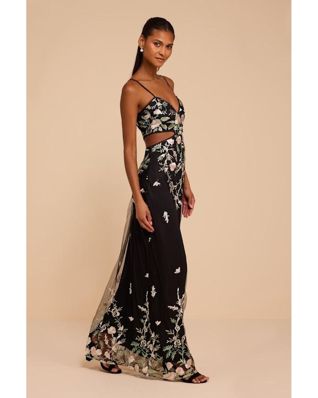 Lulus Natural Petal Floral Cutout Maxi Dress