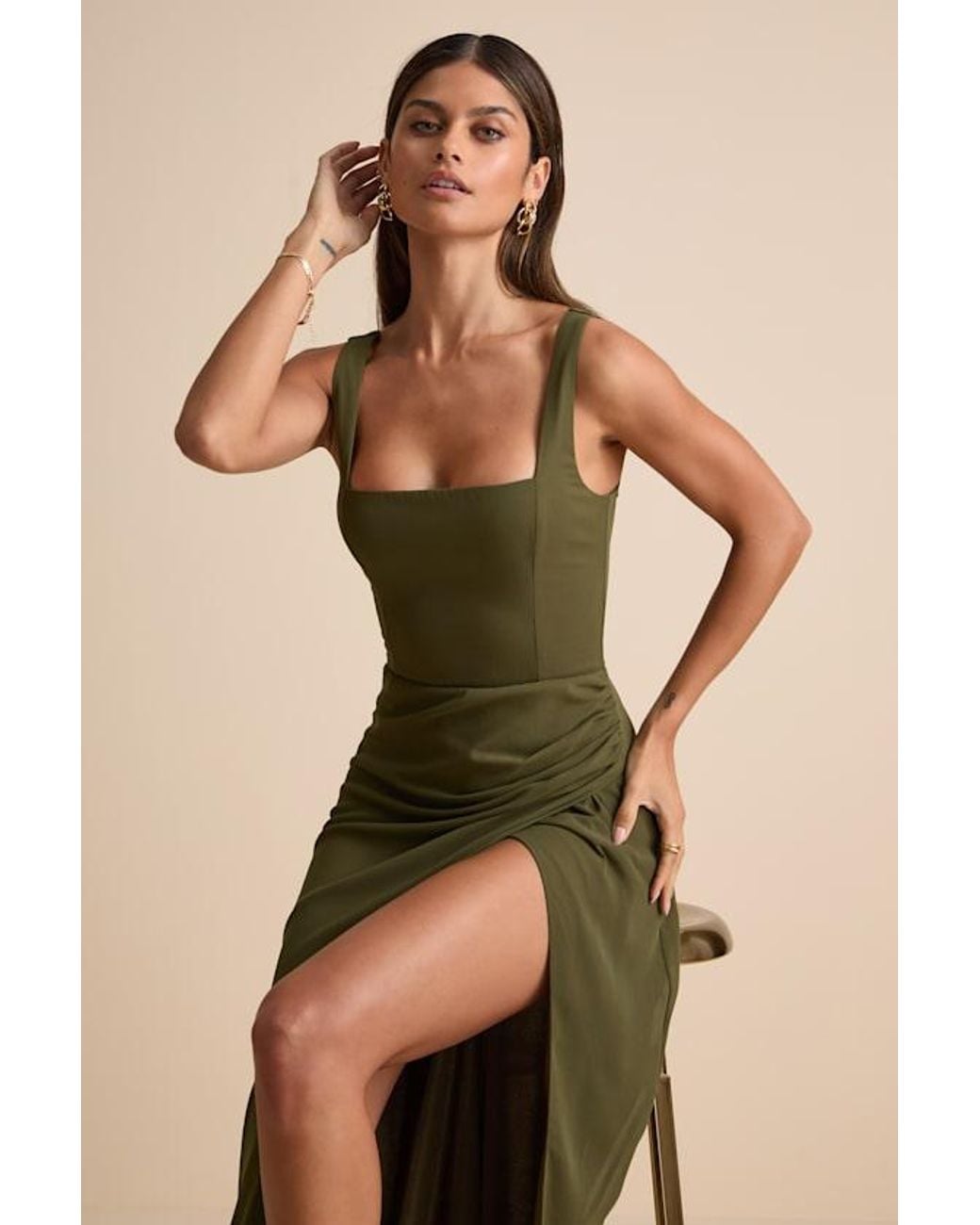 Lulus Green Glamorous Disposition Ruched Maxi Dress