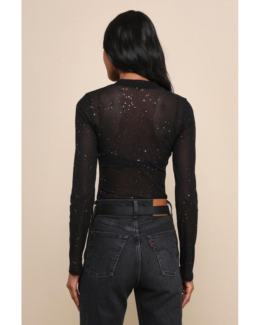Lulus Black Strike An Attitude Mesh Multi Embellished Mesh Bodysuit
