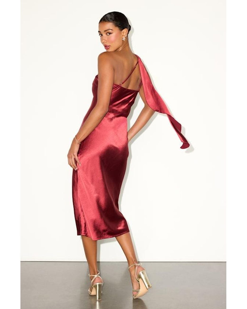 Lulus Red Naima Satin One-Shoulder Midi Dress