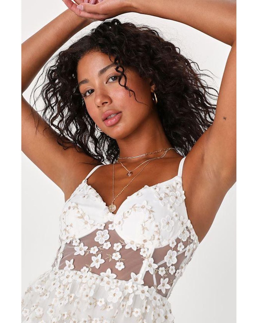 Lulus White Darling Romance Tulle Floral Applique Bustier Midi Dress