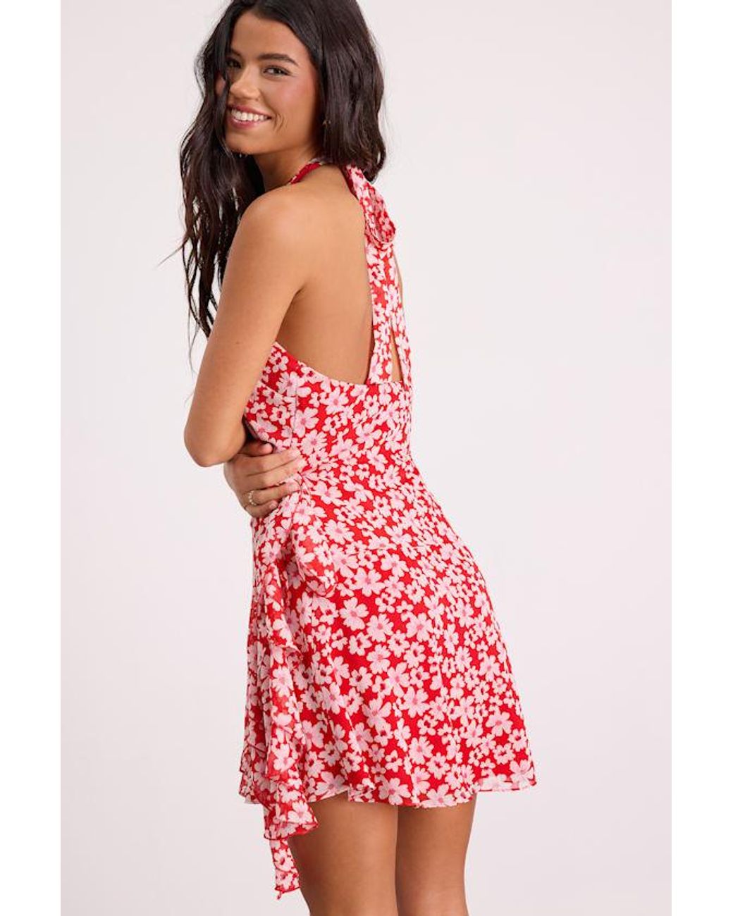 Lulus Red Chenaya Floral Halter Wrap Mini Dress