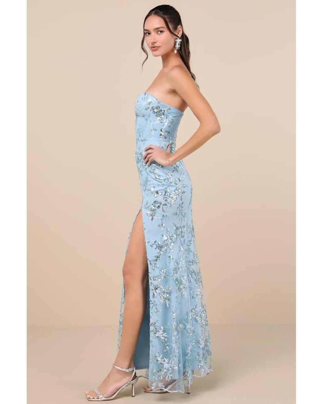 Lulus Blue Confident Sensation Sequin Strapless Bustier Maxi Dress