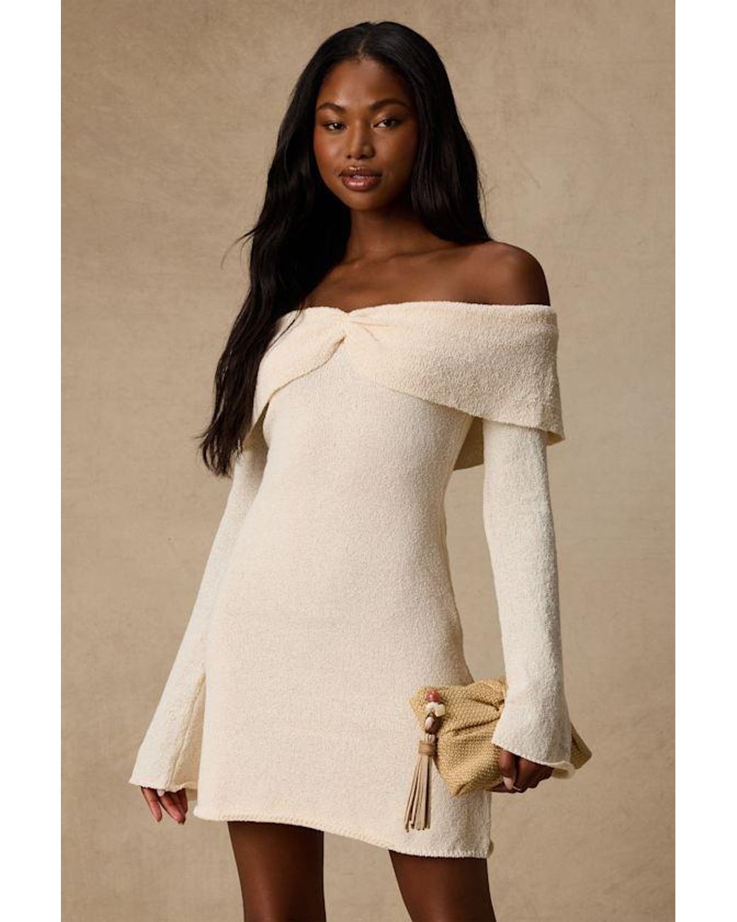 Lulus Natural Pemryn Cream Off-The-Shoulder Mini Sweater Dress