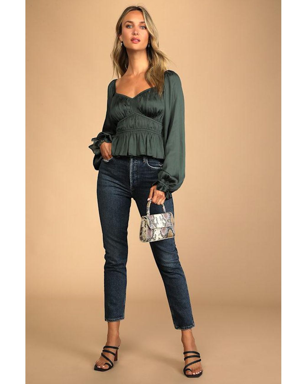 Lulus Green Sophisticate Satin Ruched Long Sleeve Top