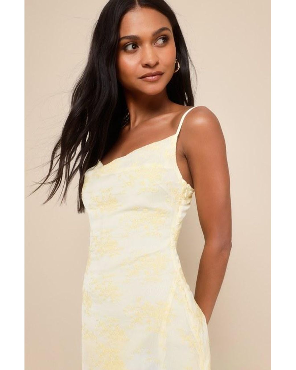 Lulus Natural Lovely Existence Embroidered Cowl Neck Midi Dress