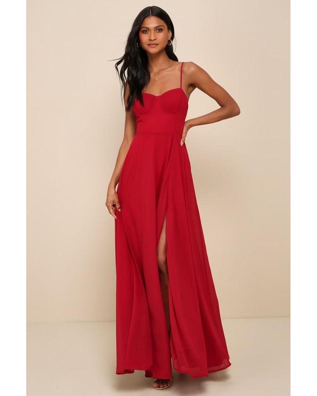 Lulus Red Cause For Commotion Pleated Bustier Maxi Dress