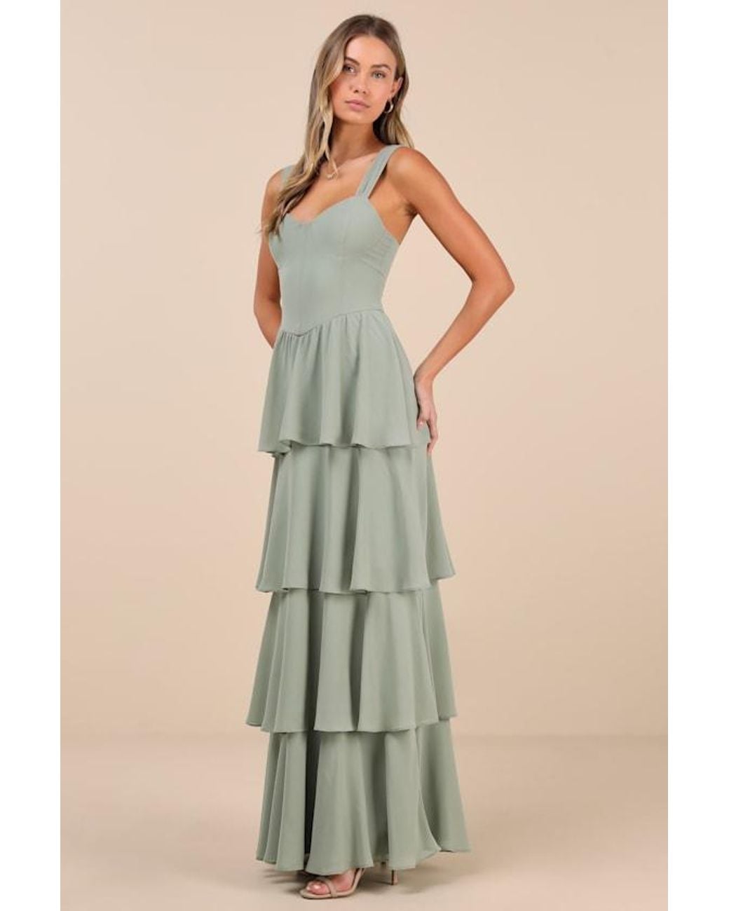 Lulus Brown Carlynda Sage Brush Tiered Bustier Maxi Dress