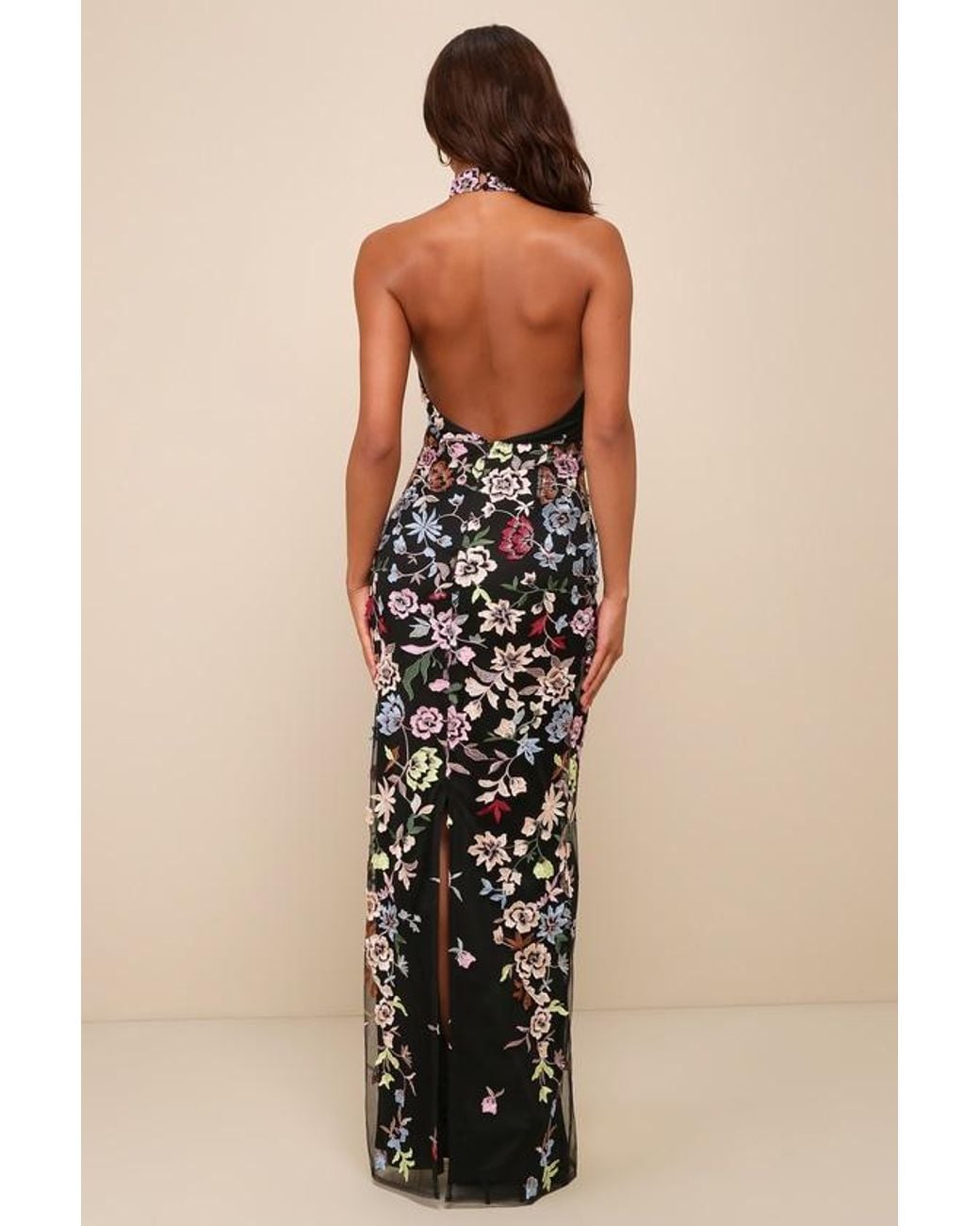 Lulus Natural Infinite Praise 3D Floral Embroidered Halter Maxi Dress