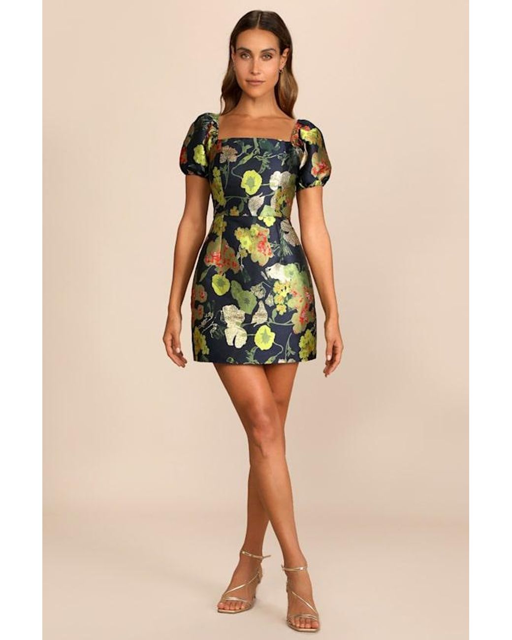 so stunning navy blue floral jacquard puff sleeve mini dress Elissa Jacquard Floral Puff Sleeve Mini Dress