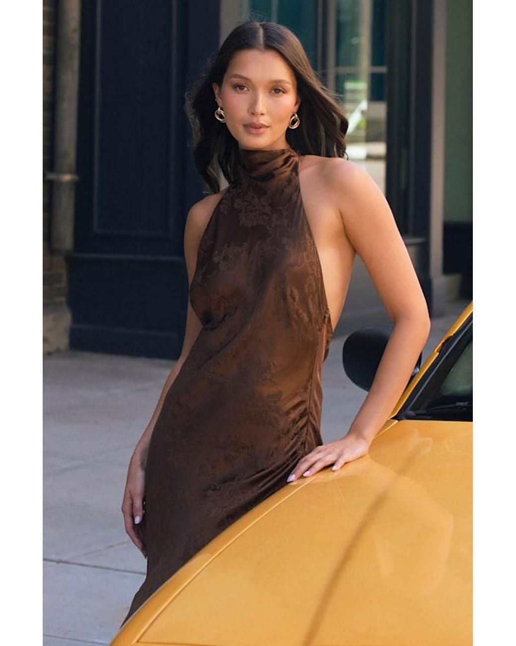 Lulus Brown Winslow Satin Jacquard Mermaid Maxi Dress