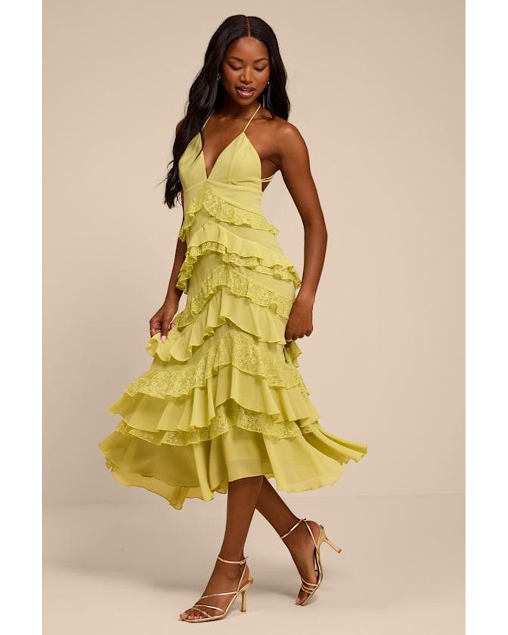 Lulus Yellow Melena Chartreuse Ruffled Lace Midi Dress
