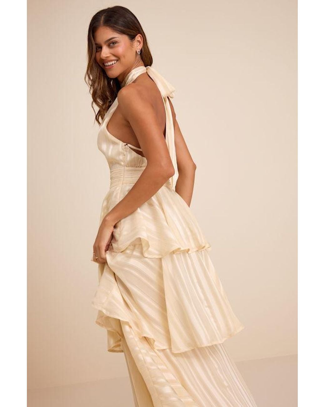 Lulus Natural Jennica Pale Striped Satin Tiered Midi Dress