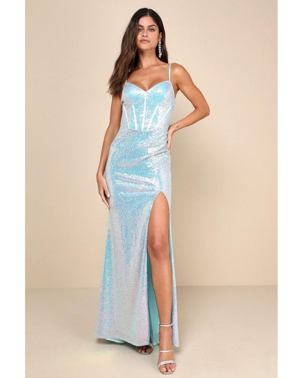 Lulus Shimmering Perfection Iridescent Sequin Maxi Dress in Blue | Lyst