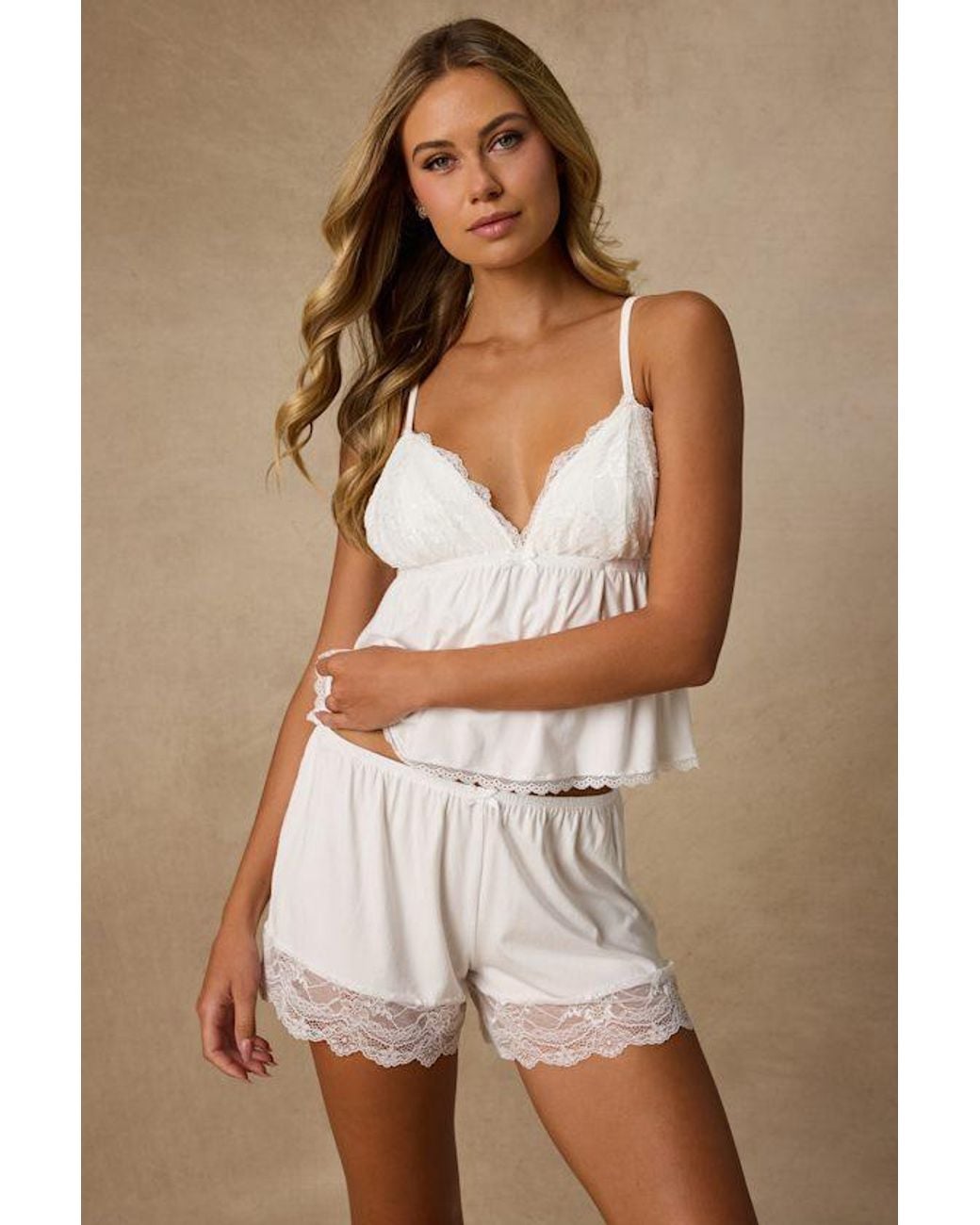 Lulus Natural Drema Jersey Knit Lace Two-Piece Pajama Set