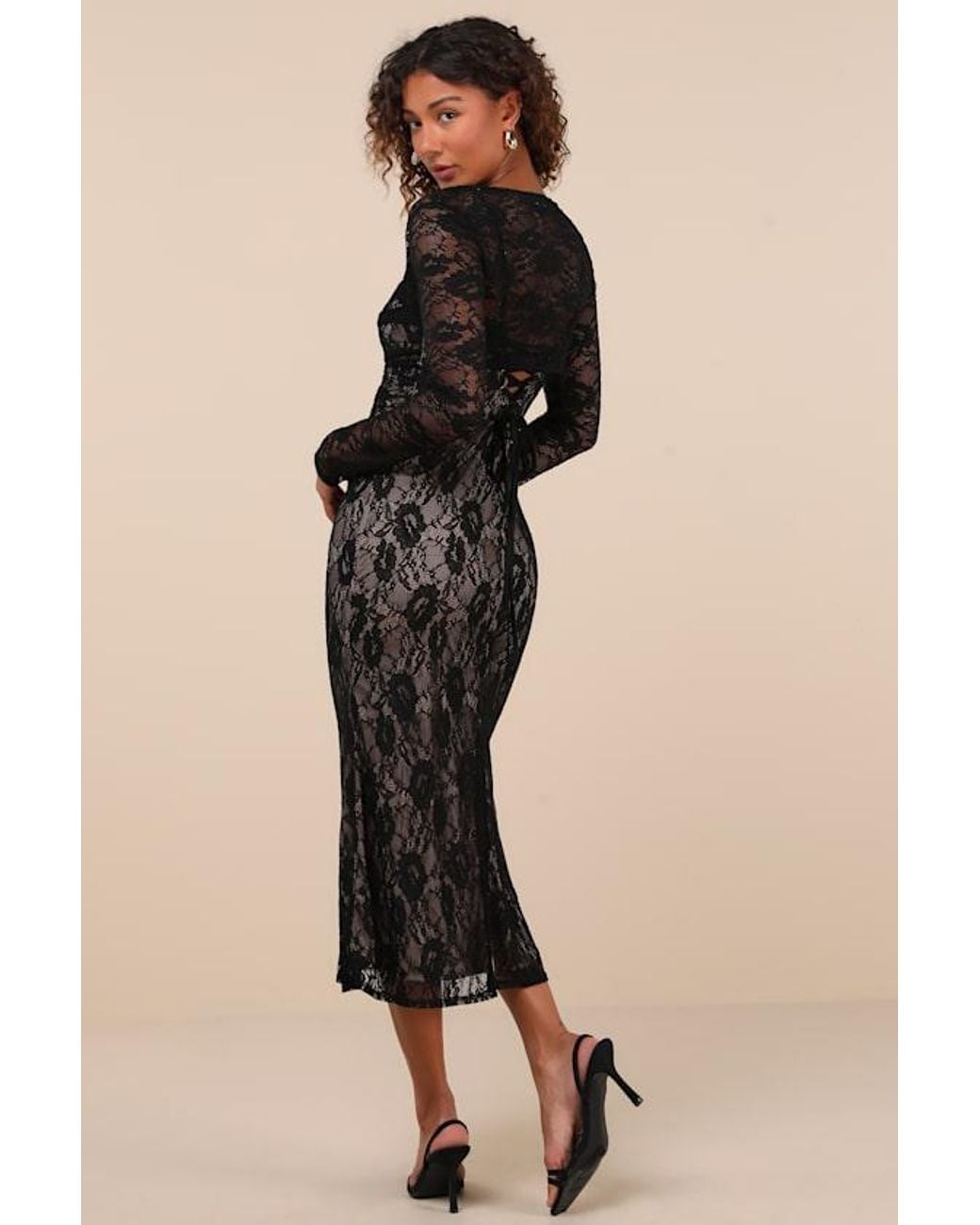 Lulus Certainly Iconic Lace Midi Dress And Shrug Set in Black | Lyst
