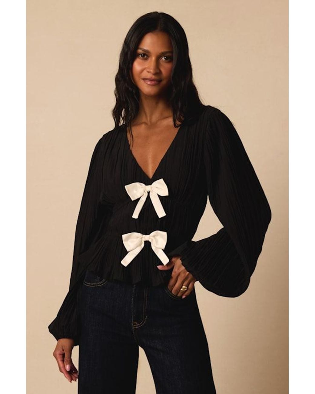 Lulus Black Yvetta Plisse Balloon Sleeve Bow Top