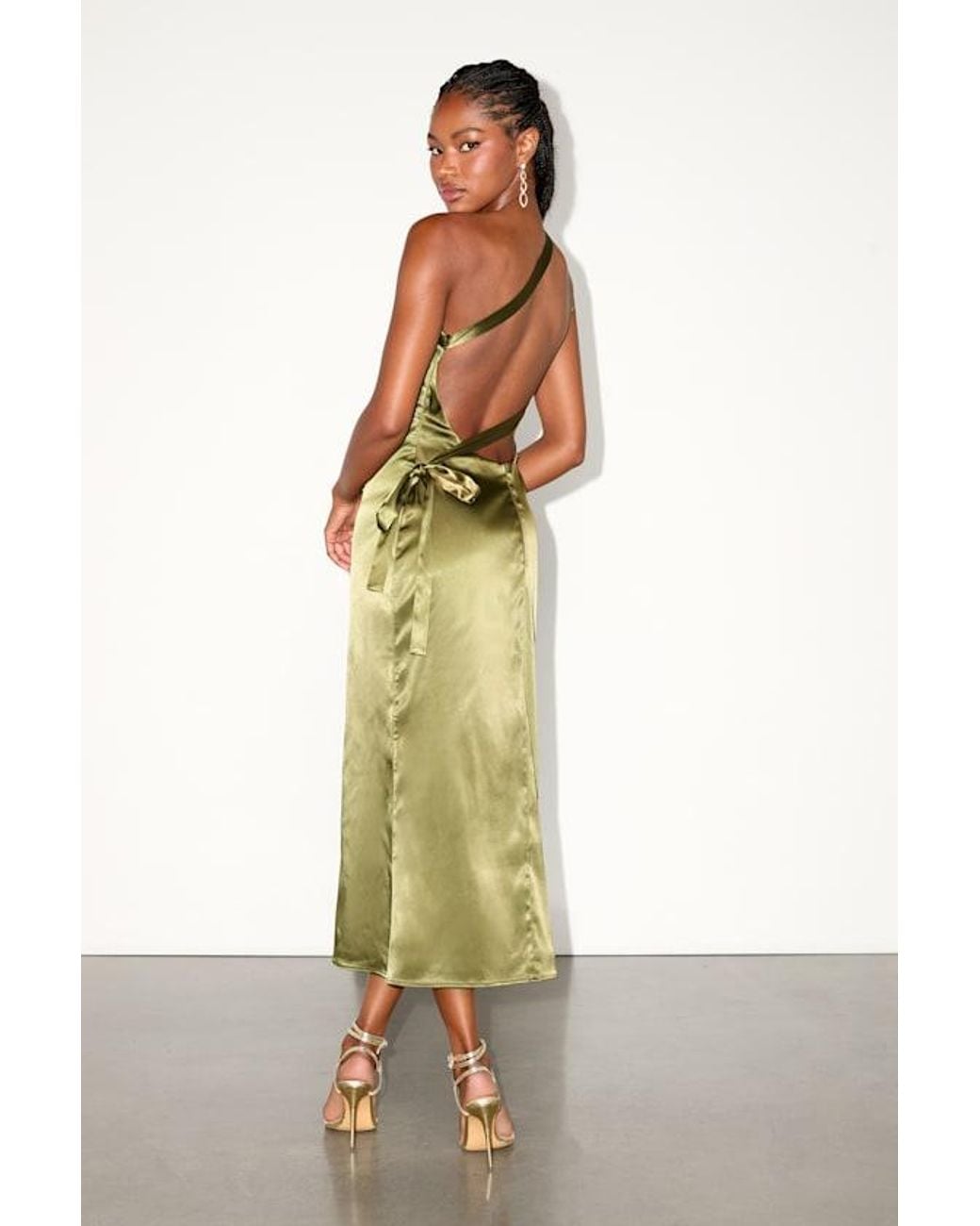 Lulus Green Yvonne Satin One-Shoulder Midi Dress