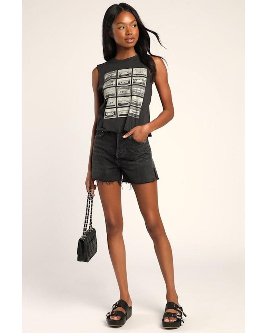 Prince Peter Black Cassette Washed Cropped Graphic Muscle Tank Top
