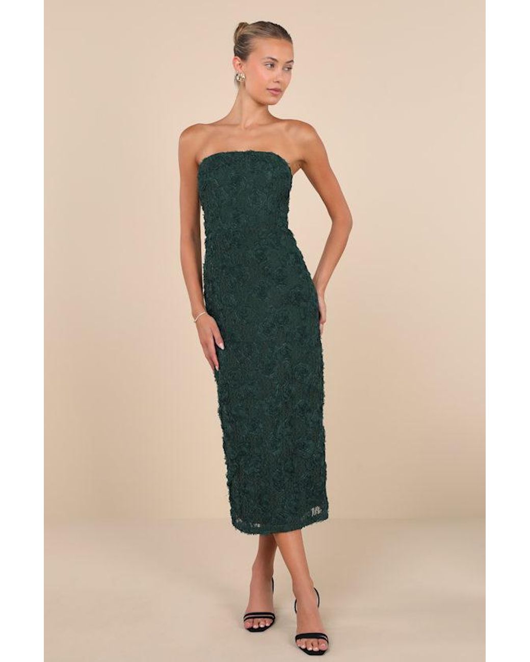 slim fit dress slacks Green Strapless Satin A Line Midi Dress With 3D Flower main image 1