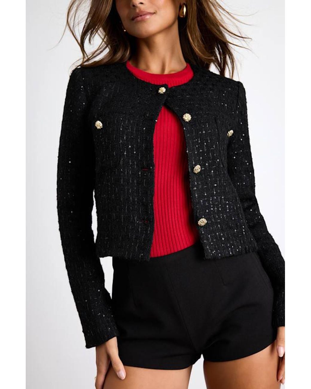 Lulus Black Ralleigh Tweed Sequin Button-Front Jacket