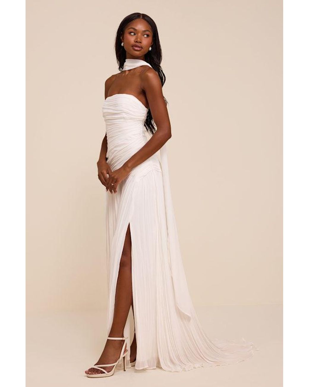 Lulus Natural Nellie Pleated Maxi Dress And Scarf Set