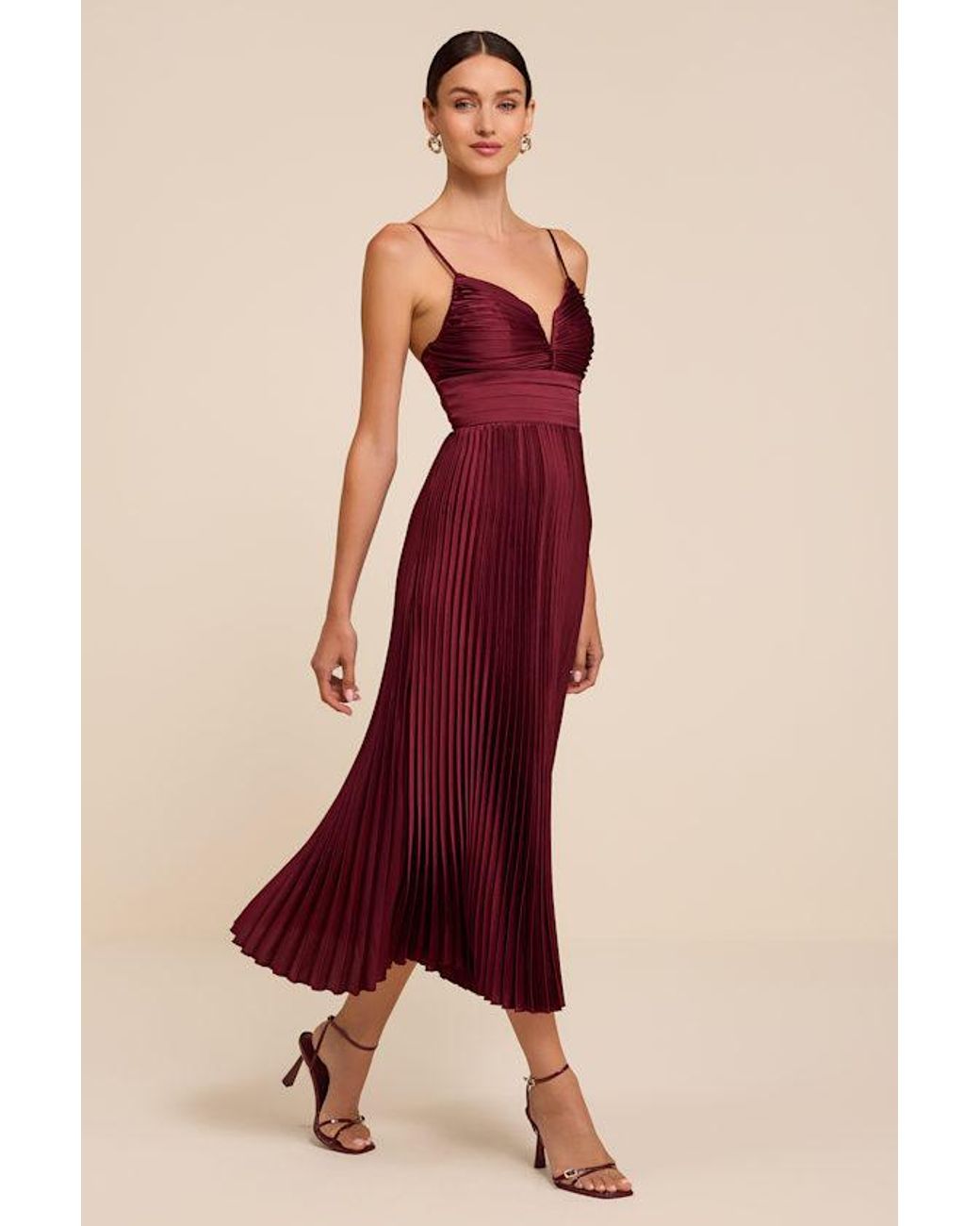 Lulus Red Fabulous Perfection Satin Pleated Midi Dress