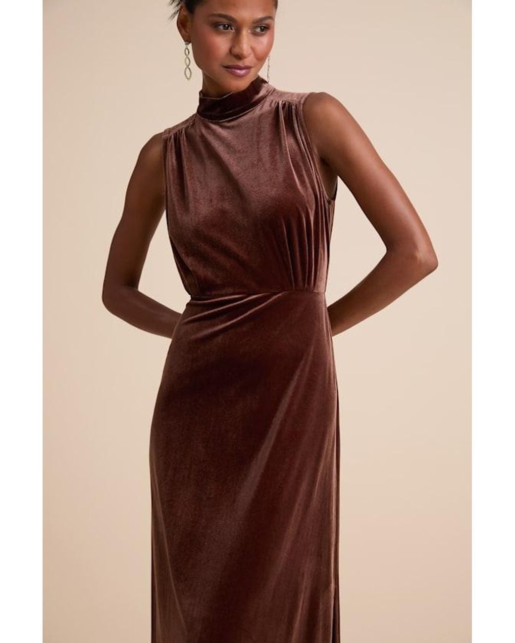 Lulus Brown Classic Elegance Velvet Sleeveless Mock Neck Maxi Dress