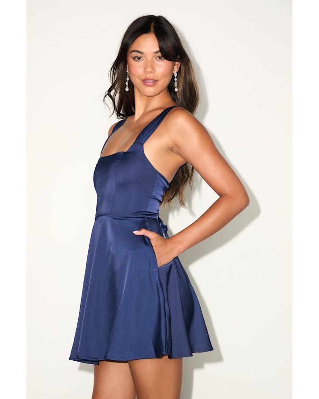 Lulus Blue Admirably Chic Satin Lace-Up Mini Dress With Pockets
