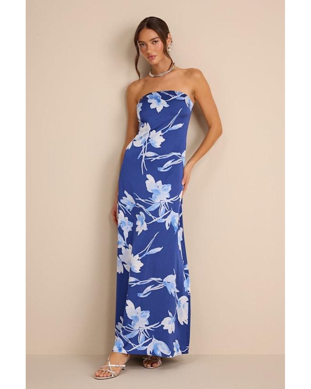 Lulus Blue Arisa Floral Satin Strapless Maxi Dress